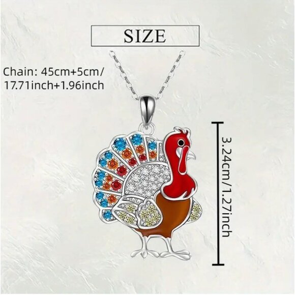 Turkey Pendant Necklace & Earrings Thanksgiving Set Rhinestones Silver Tone - Picture 3 of 3